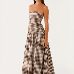 Strapless Brown Gingham Maxi Dress